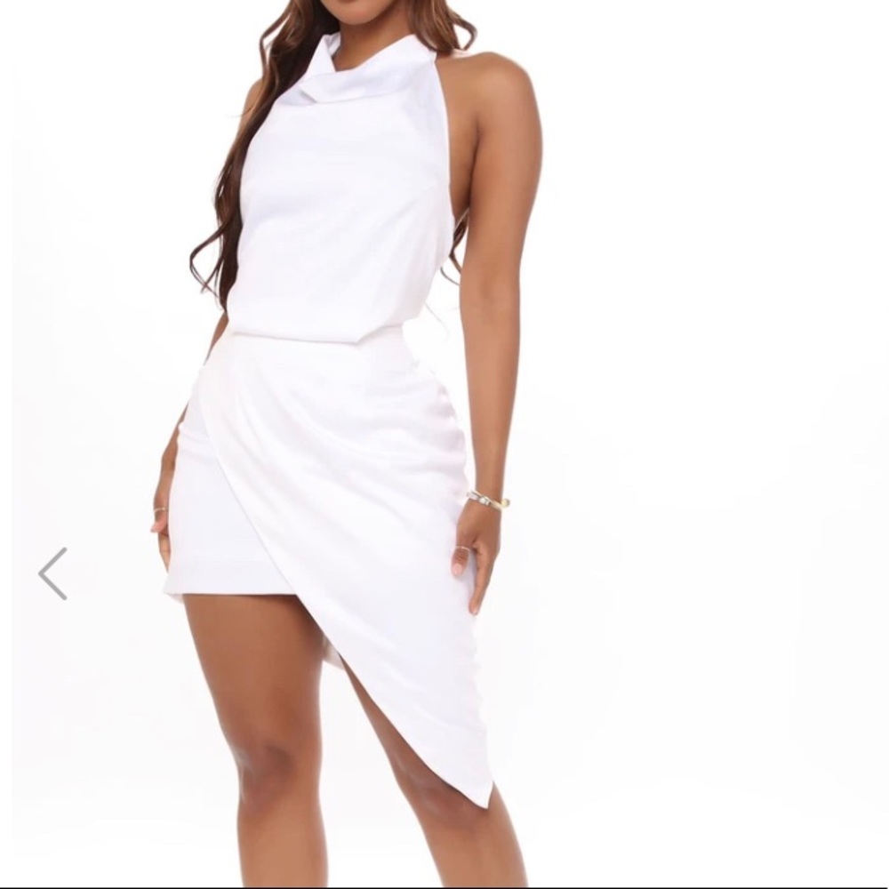White high and low high neck dress